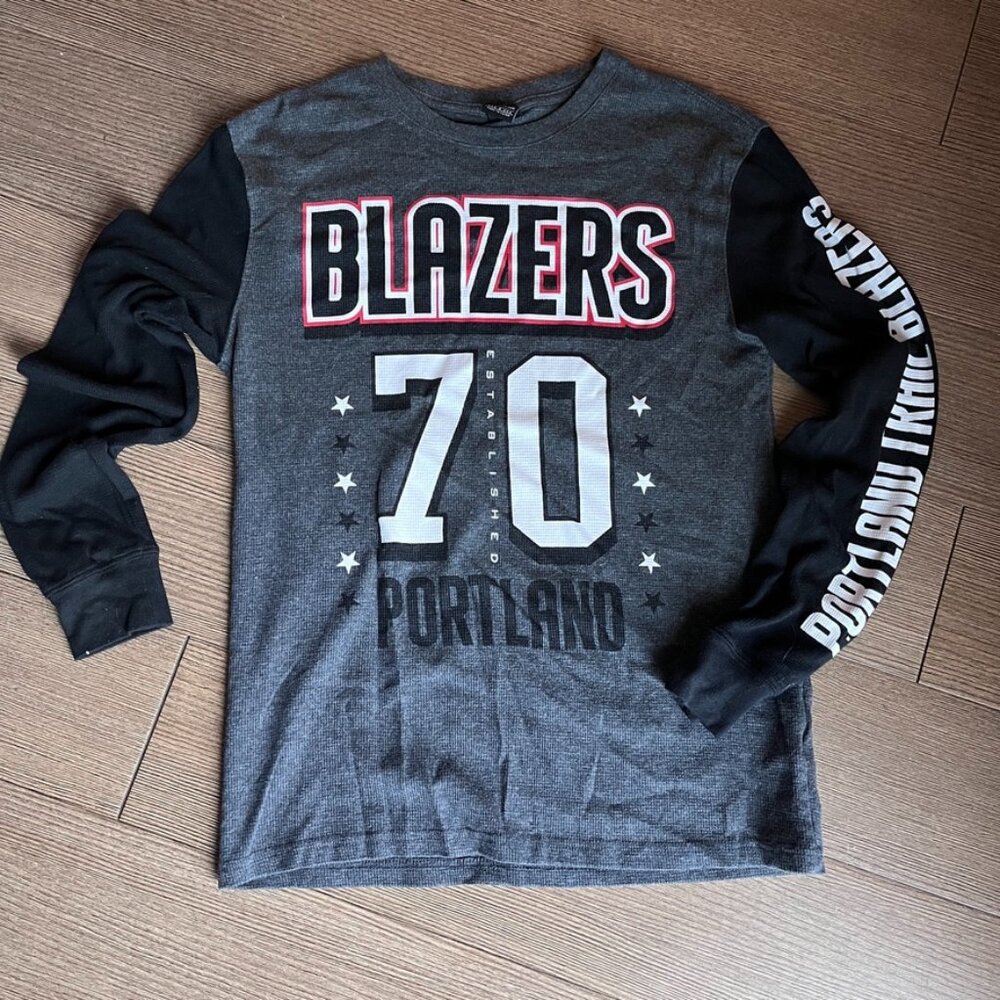 Portland Trail Blazers Gray Raglan Black Long Sleeve Tee Men S Established 1970